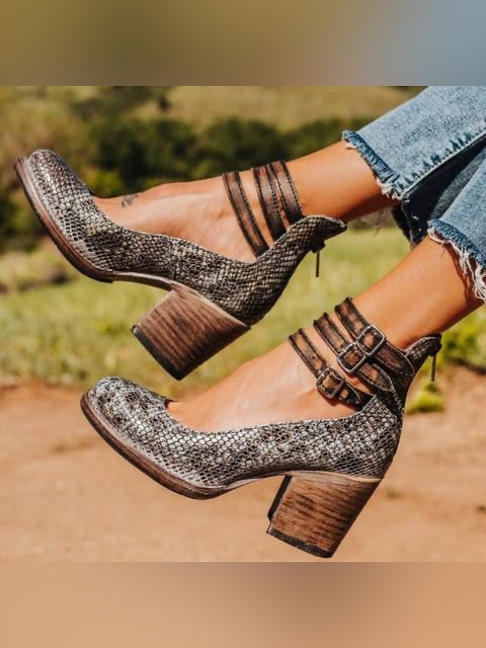FREEBIRD RANDI SNAKE EMBOSSED LEATHER STRAPPY MID-HEEL SHOE 8